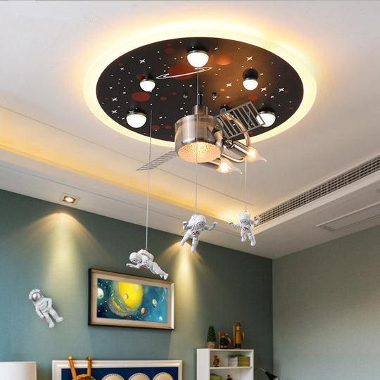 16"/22" Wide Black Space Satellite Flush Light with 2 Lights and Resin Spacemen Sculpture Ceiling Fixture