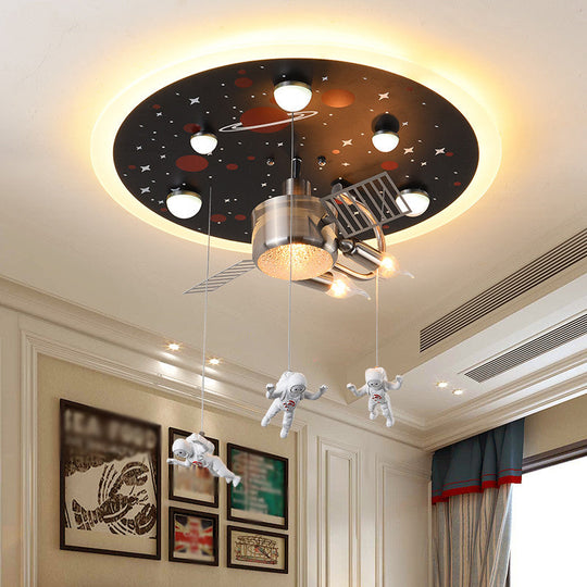 16"/22" Wide Black Space Satellite Flush Light with 2 Lights and Resin Spacemen Sculpture Ceiling Fixture