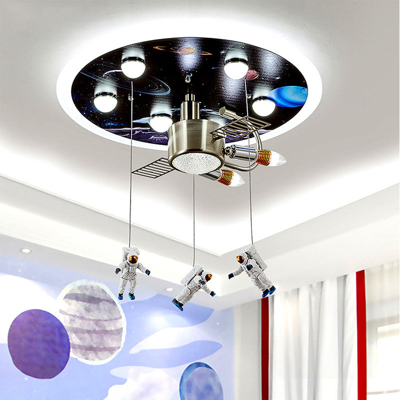 Kids Black Space Satellite Flushmount Lighting with Acrylic Shade - 9-Bulb Ceiling Flush Mount