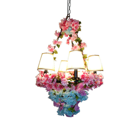 Farmhouse Led Chandelier Lamp In Black/Pink/Green For Dining Room: Blossoming Metallic Suspension