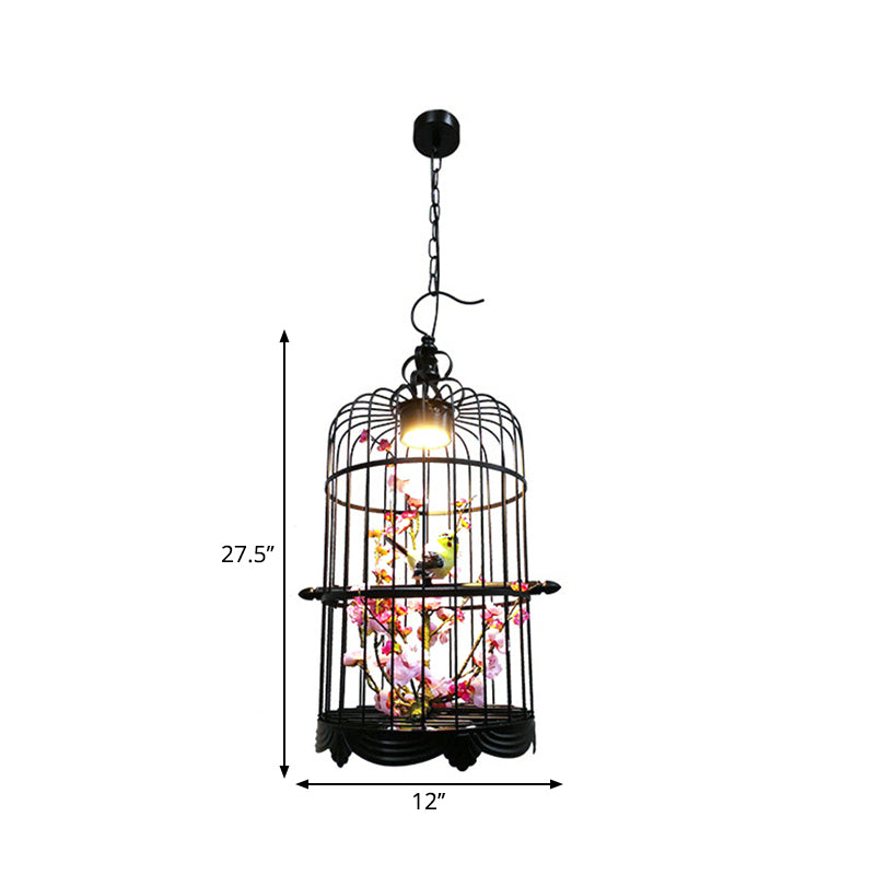 Farmhouse Led Chandelier Lamp In Black/Pink/Green For Dining Room: Blossoming Metallic Suspension