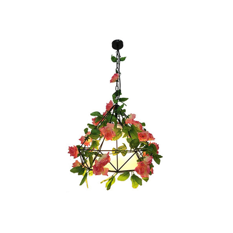 Blossoming Farmhouse LED Chandelier in Black/Pink/Green for Dining Room Lighting