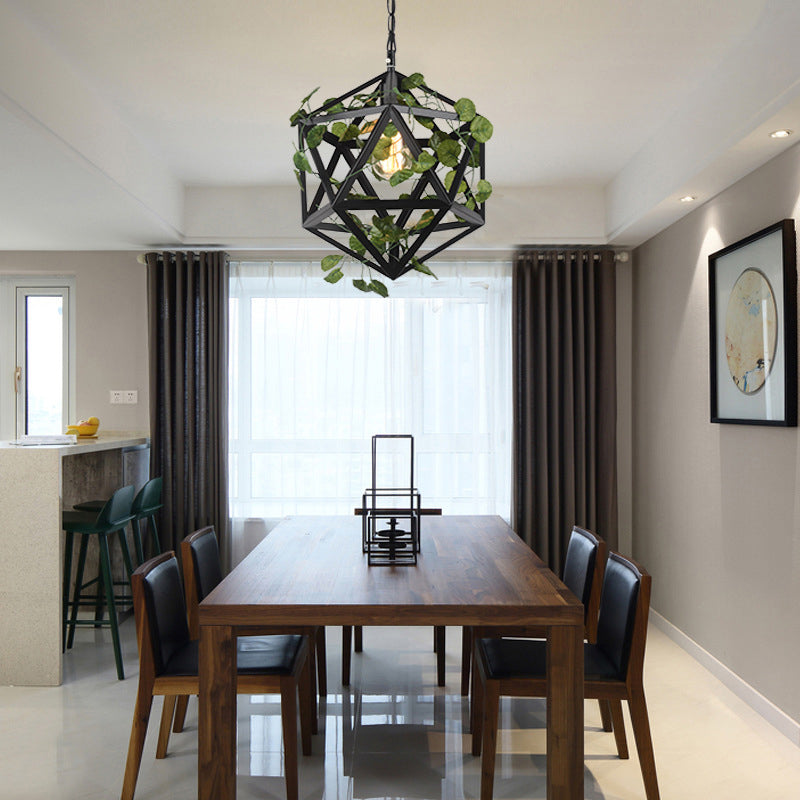 Modern Metal Geometric Pendant Light with Fake Vine, Ideal for Restaurants, Ceiling Mount, Black Finish