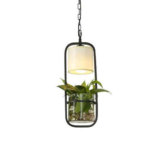 Rustic LED Pendant Light Fixture in Cylinder Shape, Black/White/Gold Fabric, Warm/White Light with Plant Cup