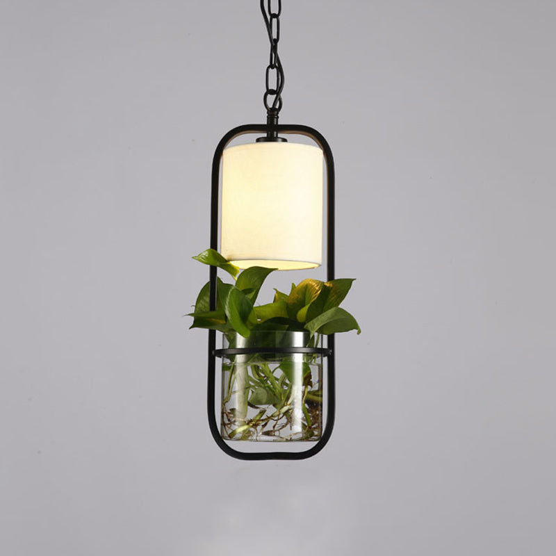 Cylinder Led Pendant Light Fixture In Rustic Black/White/Gold With Warm/White And Plant Cup