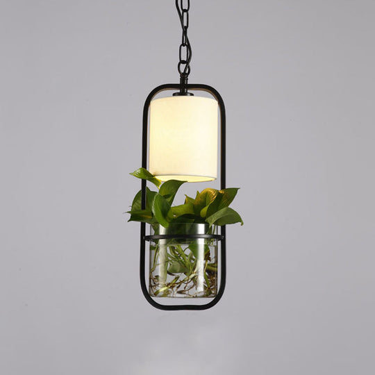 Cylinder Led Pendant Light Fixture In Rustic Black/White/Gold With Warm/White And Plant Cup