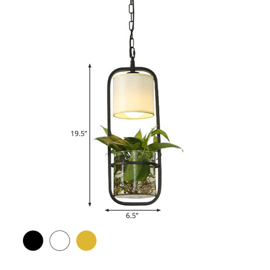 Rustic LED Pendant Light Fixture in Cylinder Shape, Black/White/Gold Fabric, Warm/White Light with Plant Cup