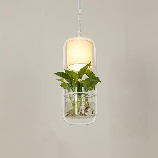 Cylinder Led Pendant Light Fixture In Rustic Black/White/Gold With Warm/White And Plant Cup