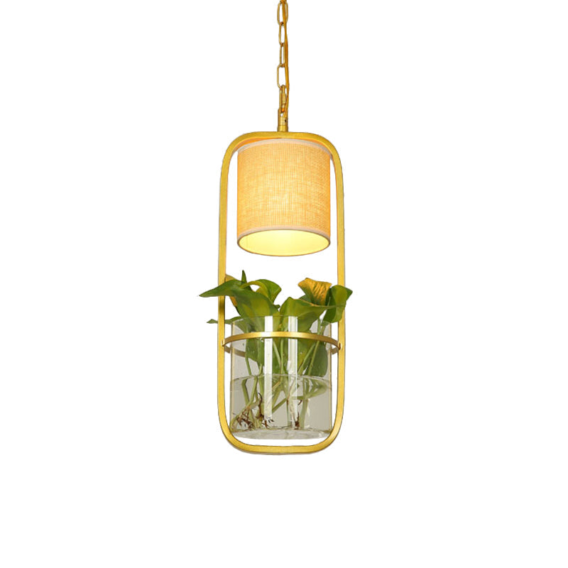 Cylinder Led Pendant Light Fixture In Rustic Black/White/Gold With Warm/White And Plant Cup Gold /