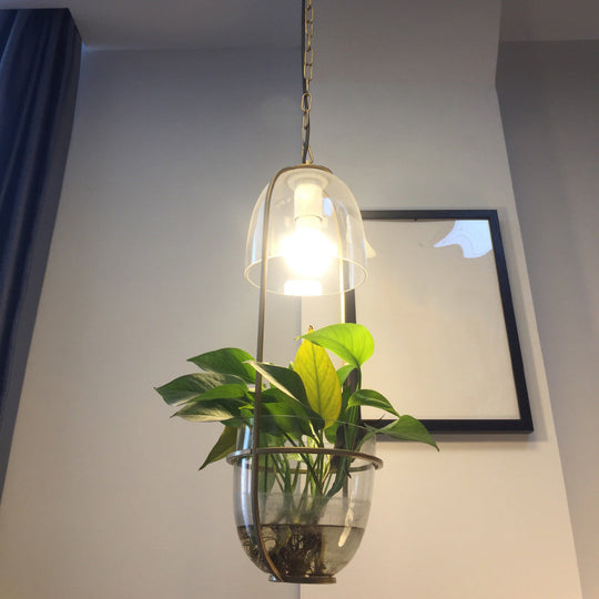 Metallic Oblong Pendant Lamp With Clear Glass Shade And Fish Bowl Accent - Ideal For Dorm Room