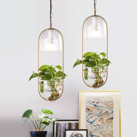 Metallic Oblong Pendant Lamp With Clear Glass Shade And Fish Bowl Accent - Ideal For Dorm Room