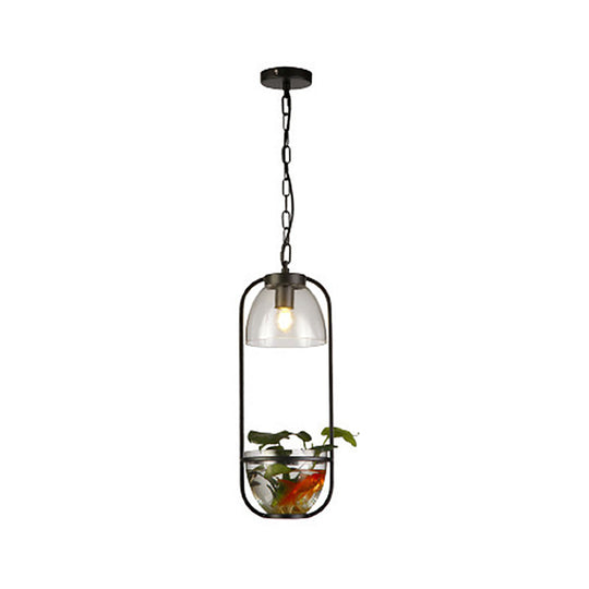 Metallic Oblong Pendant Lamp With Clear Glass Shade And Fish Bowl Accent - Ideal For Dorm Room