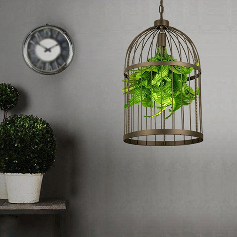 Industrial Black Iron Birdcage Pendant Lamp With Single Bulb And Artificial Plant Décor