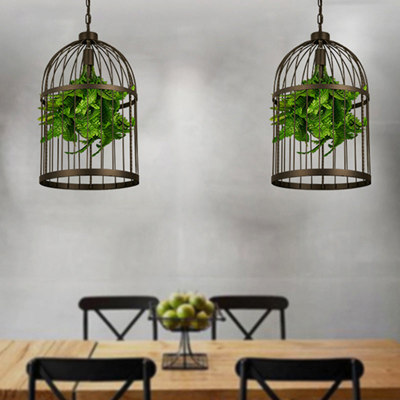 Industrial Black Iron Pendulum Birdcage Lamp with Artificial Plant - Single-Bulb Hanging Light