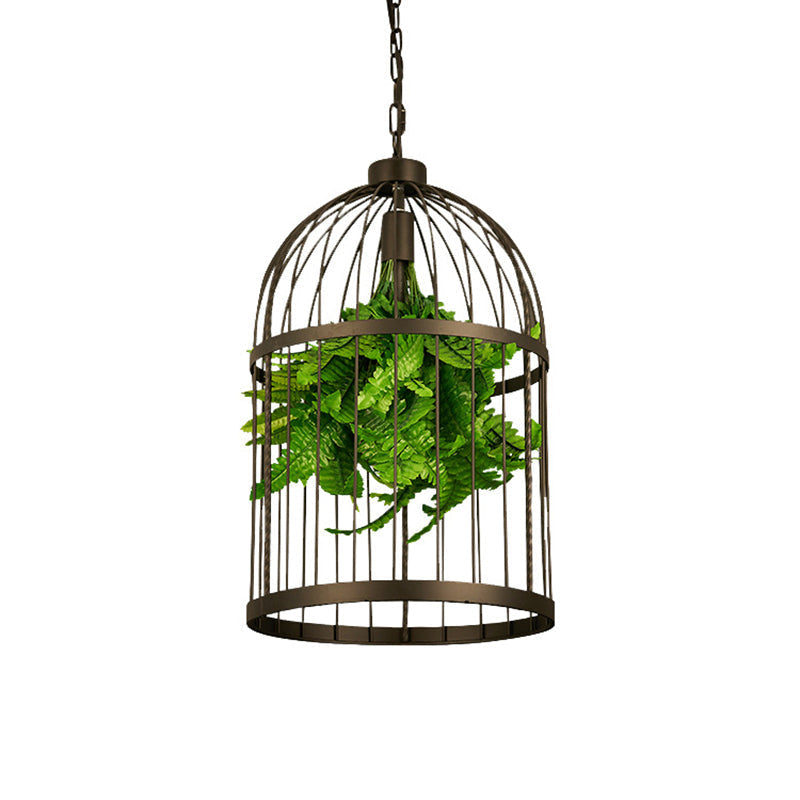 Industrial Black Iron Pendulum Birdcage Lamp with Artificial Plant - Single-Bulb Hanging Light