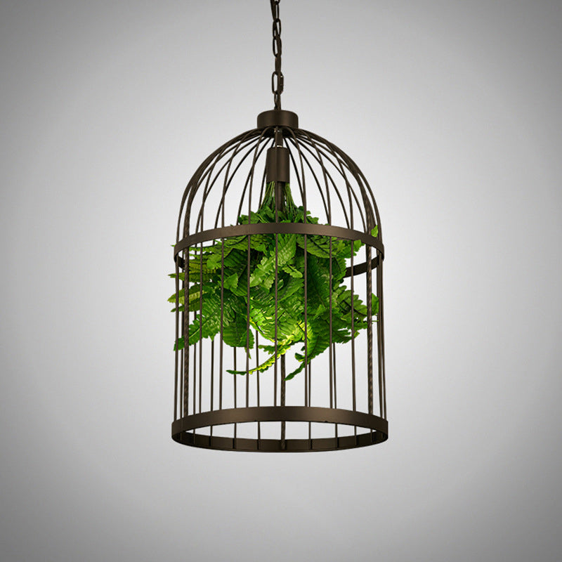 Industrial Black Iron Birdcage Pendant Lamp With Single Bulb And Artificial Plant Décor