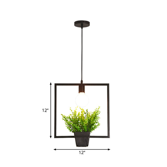 Single Plant Pendant Light Fixture - Rustic Iron Hanging Lamp in Black (Triangle/Square/Oval)