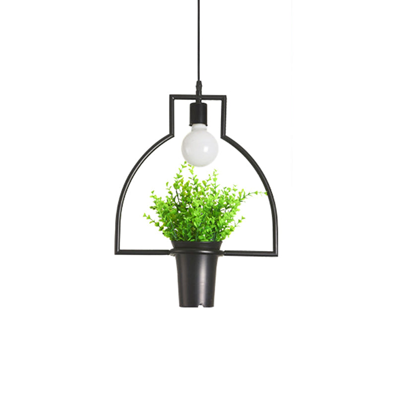 Single Plant Pendant Light Fixture - Rustic Iron Hanging Lamp in Black (Triangle/Square/Oval)