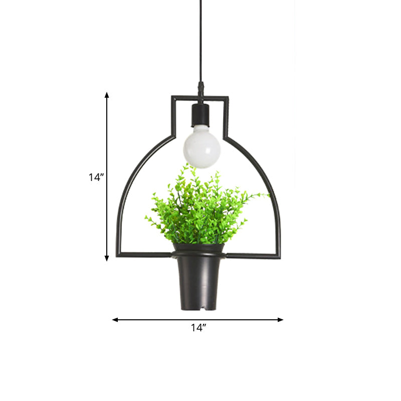 Single Plant Pendant Light Fixture - Rustic Iron Hanging Lamp in Black (Triangle/Square/Oval)