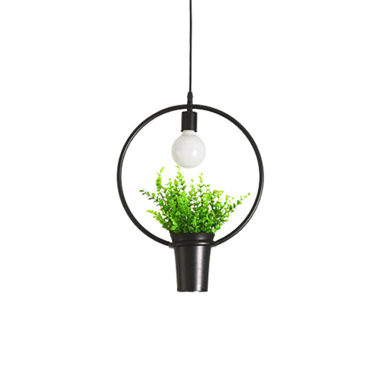 Single Plant Pendant Light Fixture - Rustic Iron Hanging Lamp in Black (Triangle/Square/Oval)