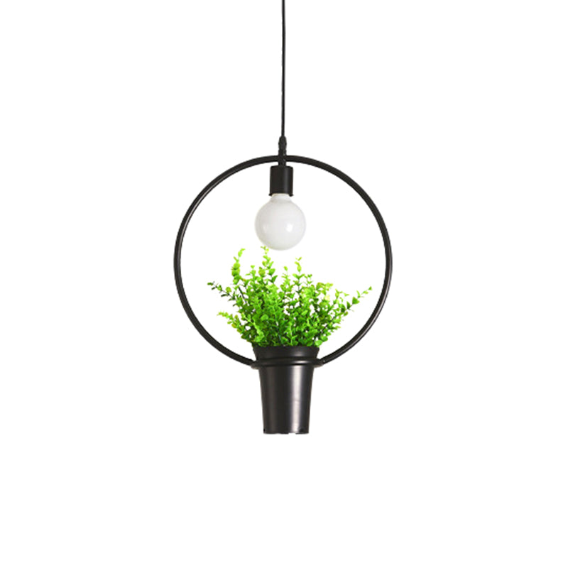 Rustic Triangle/Square/Oval Iron Plant Pendant Lighting Fixture In Black / Round