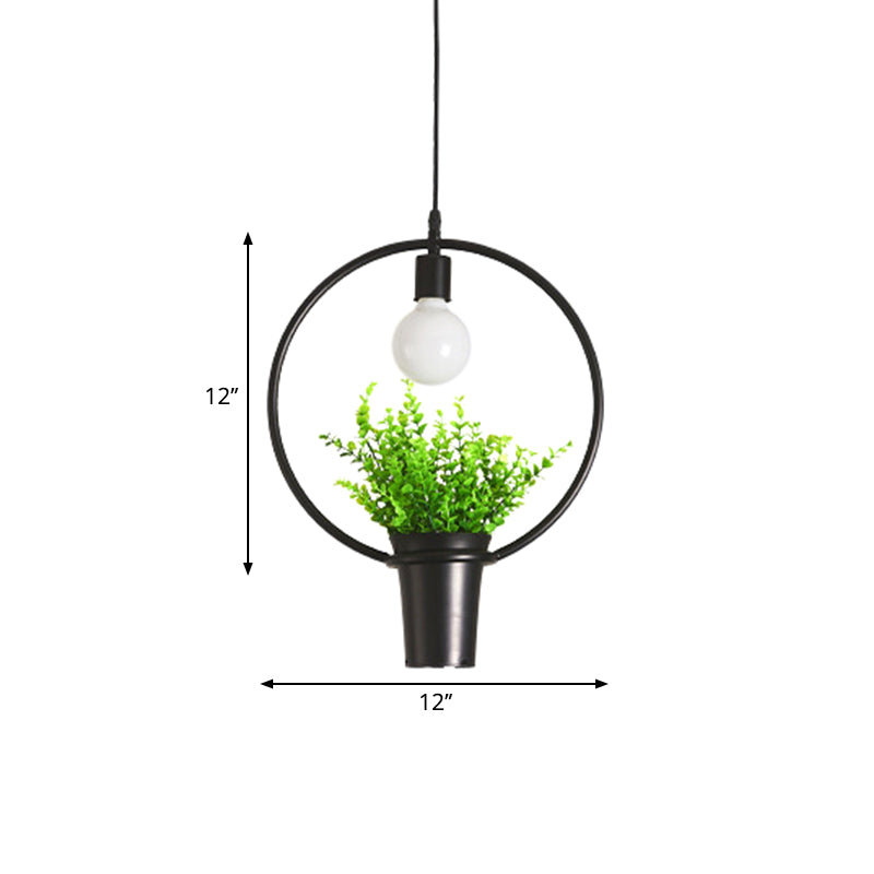 Single Plant Pendant Light Fixture - Rustic Iron Hanging Lamp in Black (Triangle/Square/Oval)