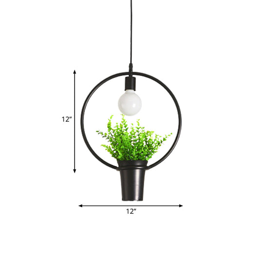 Single Plant Pendant Light Fixture - Rustic Iron Hanging Lamp in Black (Triangle/Square/Oval)