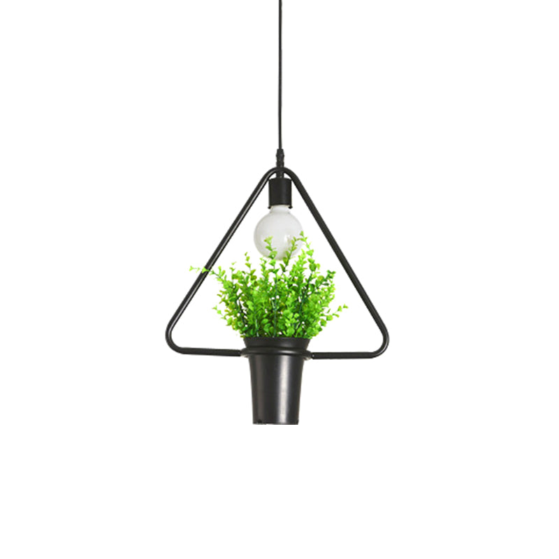 Single Plant Pendant Light Fixture - Rustic Iron Hanging Lamp in Black (Triangle/Square/Oval)