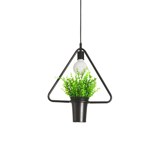 Rustic Triangle/Square/Oval Iron Plant Pendant Lighting Fixture In Black / Triangle