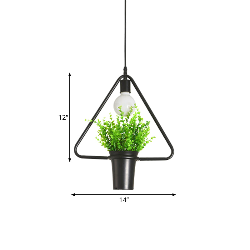 Single Plant Pendant Light Fixture - Rustic Iron Hanging Lamp in Black (Triangle/Square/Oval)