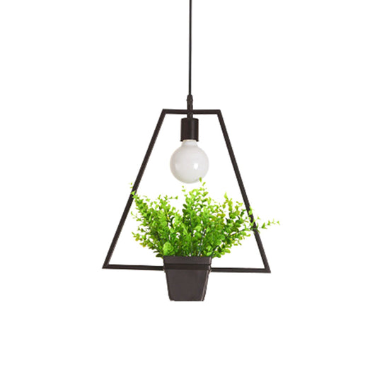 Single Plant Pendant Light Fixture - Rustic Iron Hanging Lamp in Black (Triangle/Square/Oval)