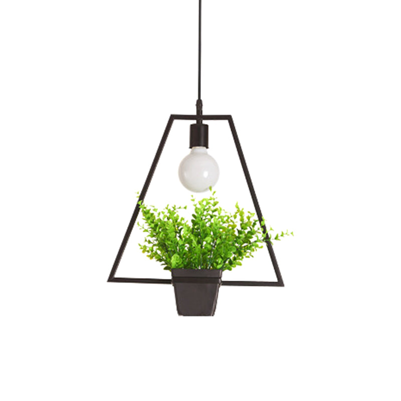 Rustic Triangle/Square/Oval Iron Plant Pendant Lighting Fixture In Black / Trapezoid