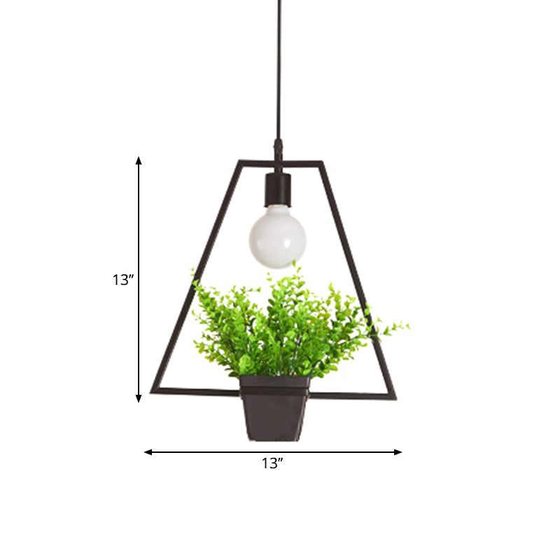 Single Plant Pendant Light Fixture - Rustic Iron Hanging Lamp in Black (Triangle/Square/Oval)