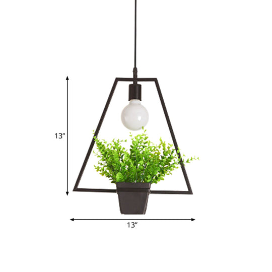 Rustic Triangle/Square/Oval Iron Plant Pendant Lighting Fixture In Black