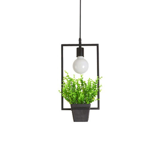 Single Plant Pendant Light Fixture - Rustic Iron Hanging Lamp in Black (Triangle/Square/Oval)