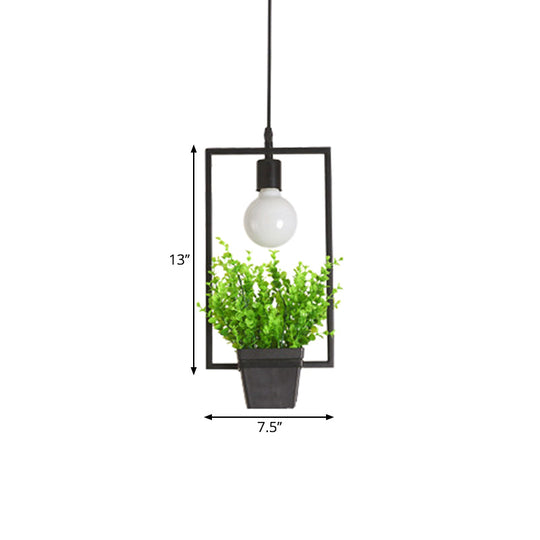 Single Plant Pendant Light Fixture - Rustic Iron Hanging Lamp in Black (Triangle/Square/Oval)