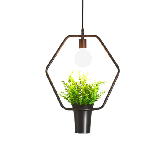 Rustic Triangle/Square/Oval Iron Plant Pendant Lighting Fixture In Black / Hexagon