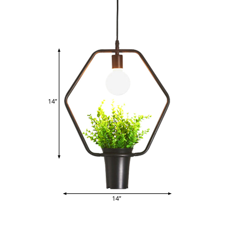 Single Plant Pendant Light Fixture - Rustic Iron Hanging Lamp in Black (Triangle/Square/Oval)