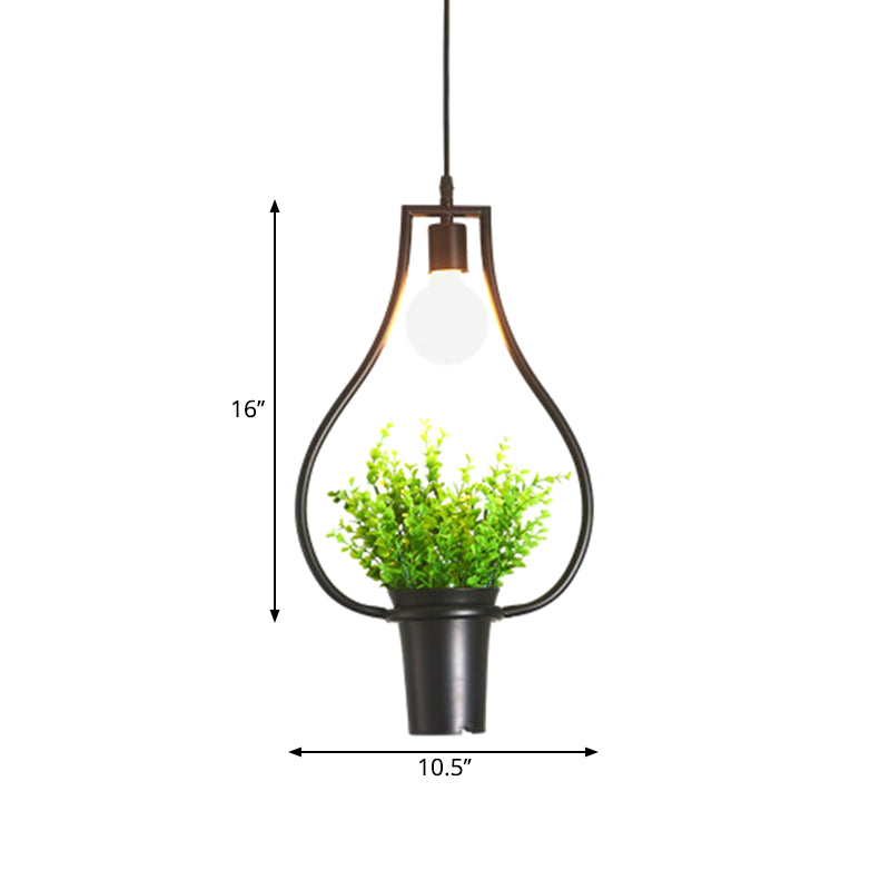 Single Plant Pendant Light Fixture - Rustic Iron Hanging Lamp in Black (Triangle/Square/Oval)