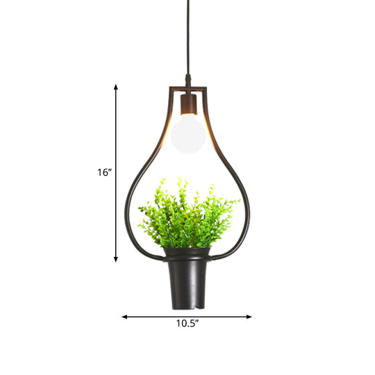 Single Plant Pendant Light Fixture - Rustic Iron Hanging Lamp in Black (Triangle/Square/Oval)