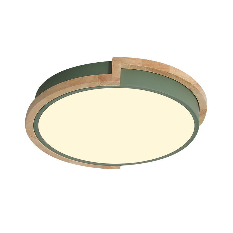 Modern Round LED Ceiling Light Fixture with Wood Frame - Grey/Blue/Pink Macaron Metal Flush Mount Lamp