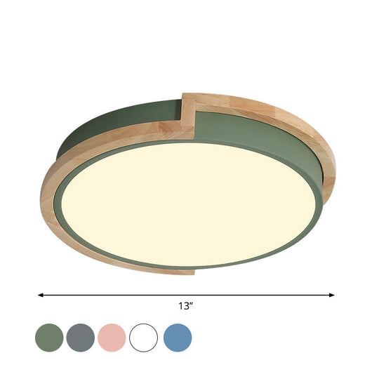 Modern Round LED Ceiling Light Fixture with Wood Frame - Grey/Blue/Pink Macaron Metal Flush Mount Lamp