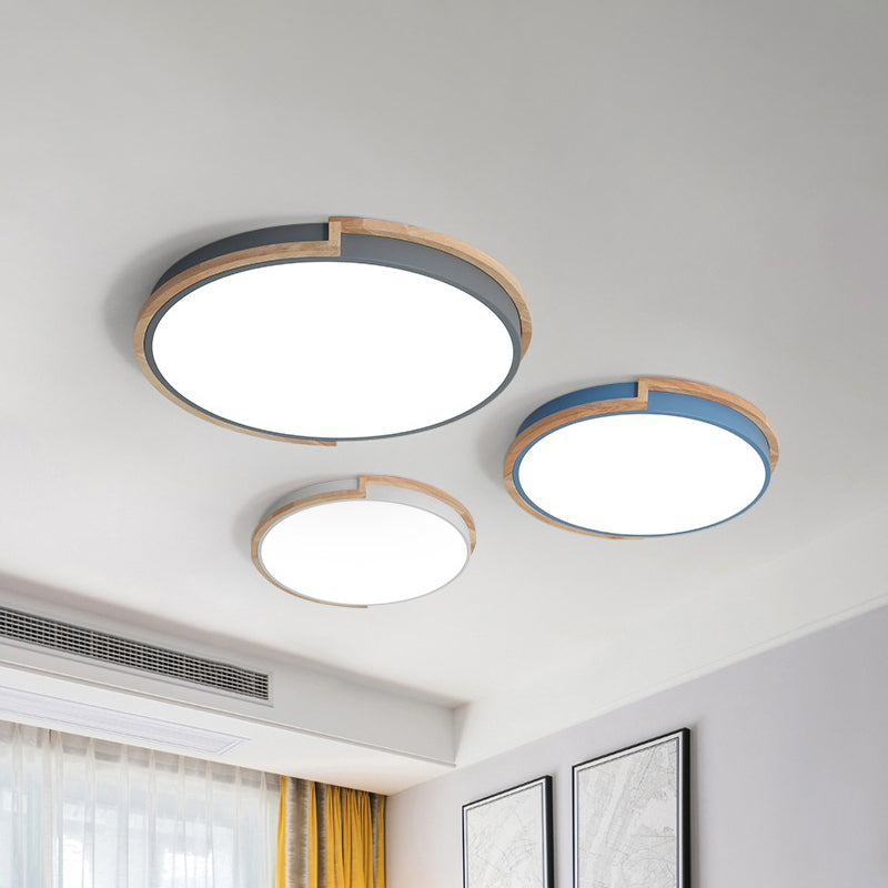 Modern Round LED Ceiling Light Fixture with Wood Frame - Grey/Blue/Pink Macaron Metal Flush Mount Lamp