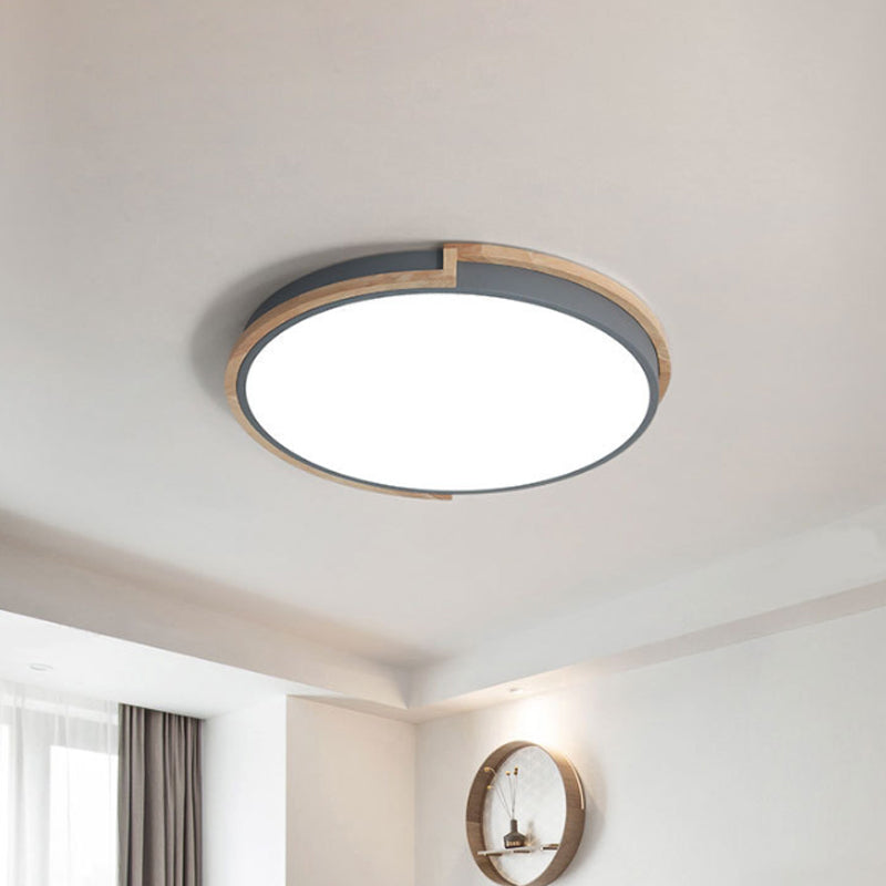 Modern Round LED Ceiling Light Fixture with Wood Frame - Grey/Blue/Pink Macaron Metal Flush Mount Lamp