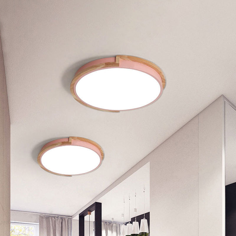 Modern Round LED Ceiling Light Fixture with Wood Frame - Grey/Blue/Pink Macaron Metal Flush Mount Lamp