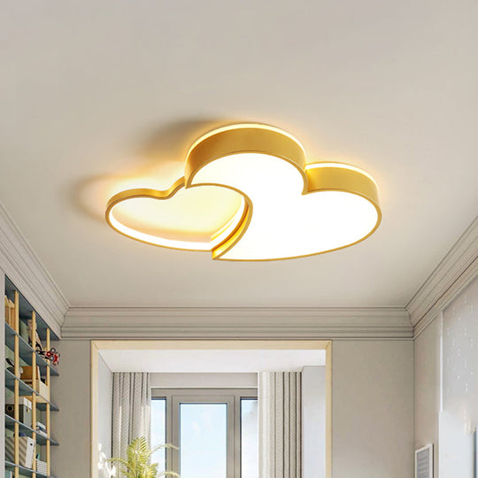 Dual-Heart Kid's Flush Light: Acrylic Macaron LED Ceiling Lamp in Pink/Blue/Gold, 21.5"/25.5" Wide