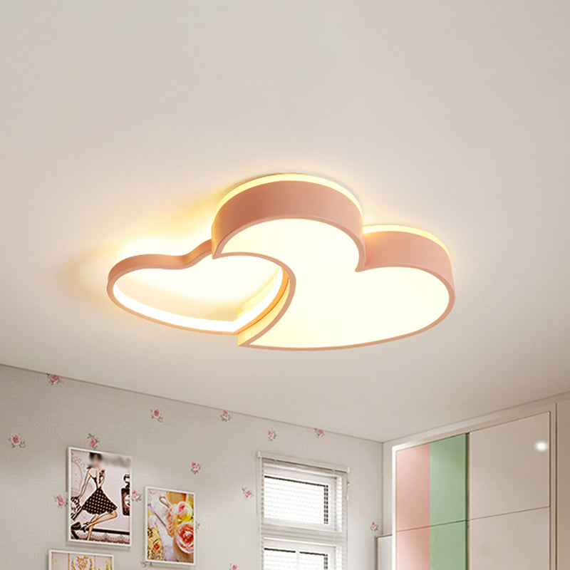 Dual-Heart Kid's Flush Light: Acrylic Macaron LED Ceiling Lamp in Pink/Blue/Gold, 21.5"/25.5" Wide