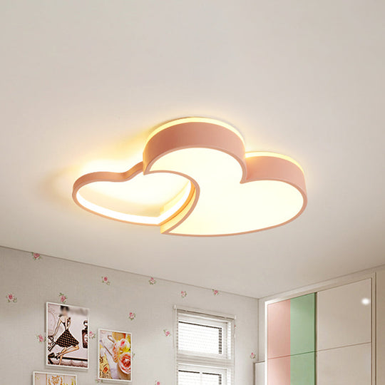 Dual-Heart Kid's Flush Light: Acrylic Macaron LED Ceiling Lamp in Pink/Blue/Gold, 21.5"/25.5" Wide