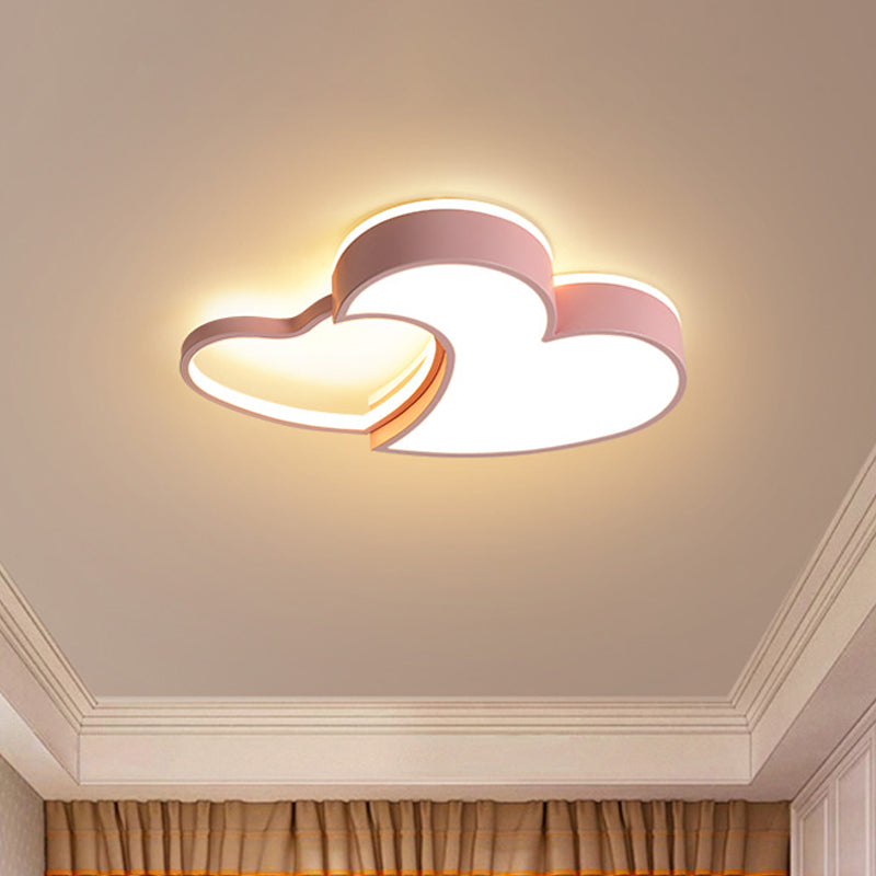 Dual-Heart Kid's Flush Light: Acrylic Macaron LED Ceiling Lamp in Pink/Blue/Gold, 21.5"/25.5" Wide