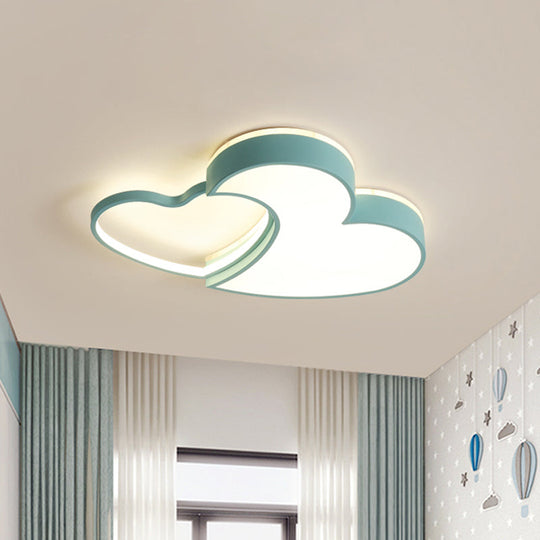 Dual-Heart Kid's Flush Light: Acrylic Macaron LED Ceiling Lamp in Pink/Blue/Gold, 21.5"/25.5" Wide